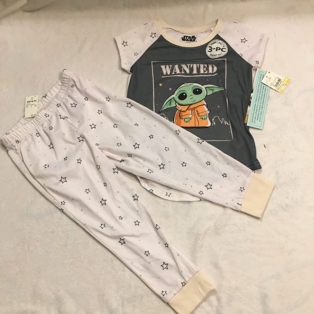 Star Wars Pajama Set Kids XS 4/5 White NWT Grogu Baby Yoda 3-Piece Sleepwear